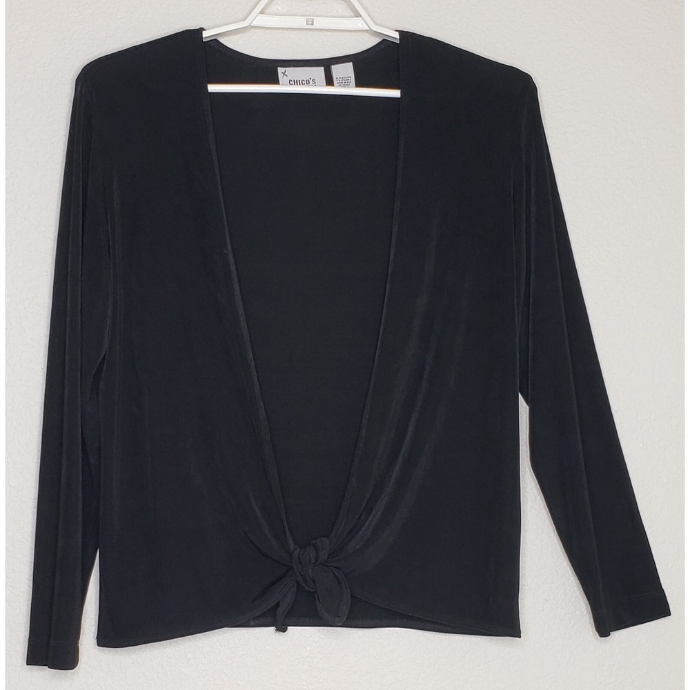 Chico's Travelers Cardigan Top Sz 1 Black Long Sleeve Open Tie Front Stretch
